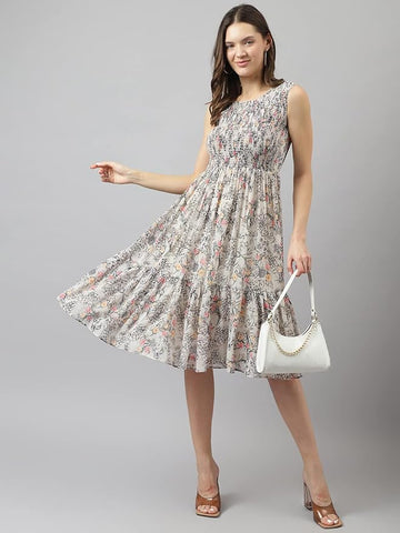 Women's Off White Georgette Floral Printed Tiered Western Dress