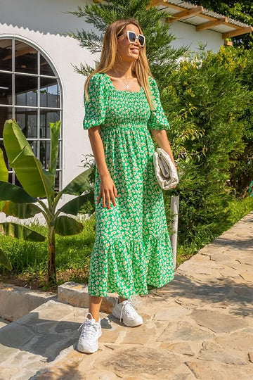 Women's Casual Flower Print Puff Sleeves Maxi Dress