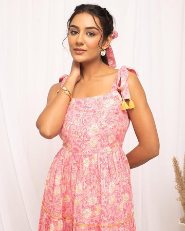 Women's Cotton Block Printed Western Knee-Length Dress