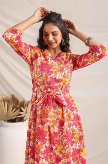 Women's Beige Moss Digital Floral Printed Flared Midi Dress