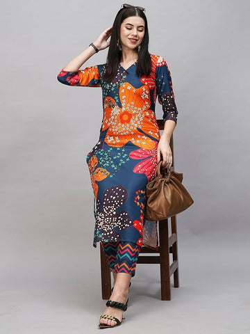 Women's Cotton Blend Multicolor Kurta With Pant