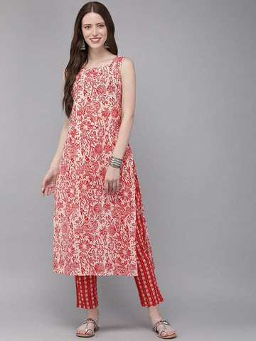 Women's Red Printed Crepe Straight Kurti