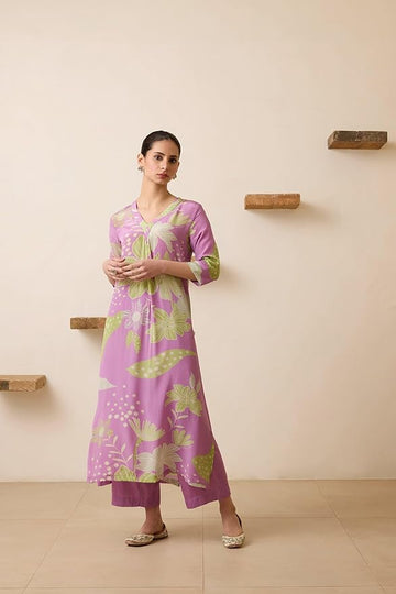 Women's Cotton Blend Straight Printed Kurta with Pant