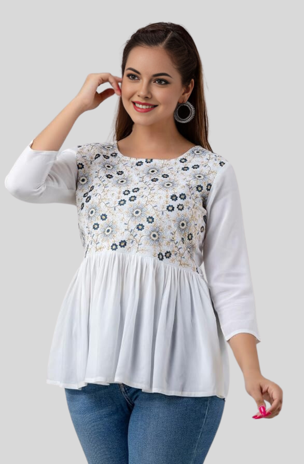 Casual Flared Butterfly Sleeves Embroidered White Top