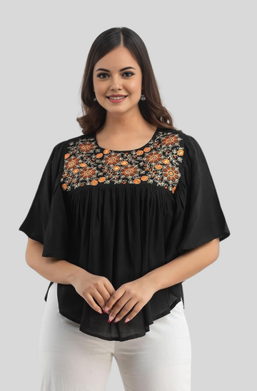 Casual Flared Butterfly Sleeves Embroidered Black Top