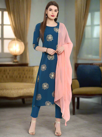 Premium Women's Navy Blue A-Line 3Pc Kurta Set