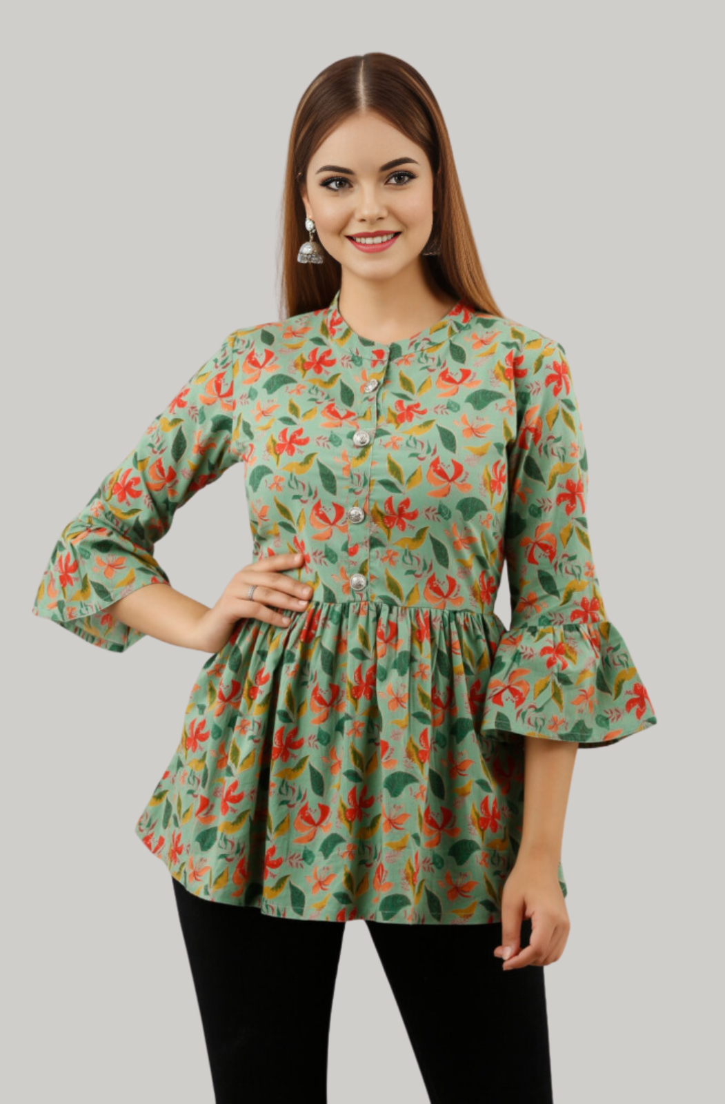 Women's Pure Cotton Green Floral Printed Mandarin Collar Top