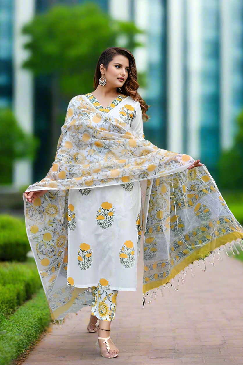 New Women's Viscose Straight Block Printed 3Pc Kurta Set
