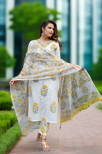 New Women's Viscose Straight Block Printed 3Pc Kurta Set
