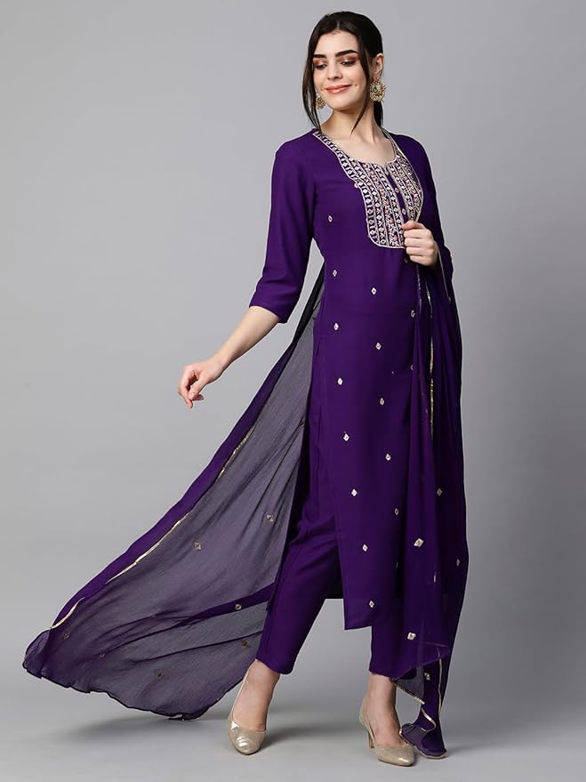 New Women's Rayon Blend Embroidered Straight 3Pc Kurta Set