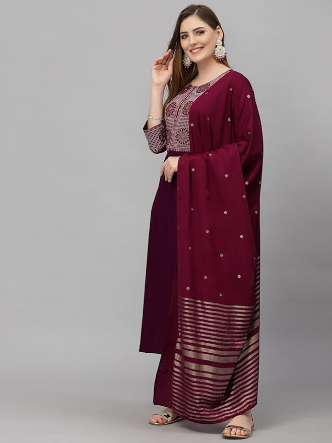 New Women's Viscose Rayon Straight Embroidered 3Pc Kurta Set