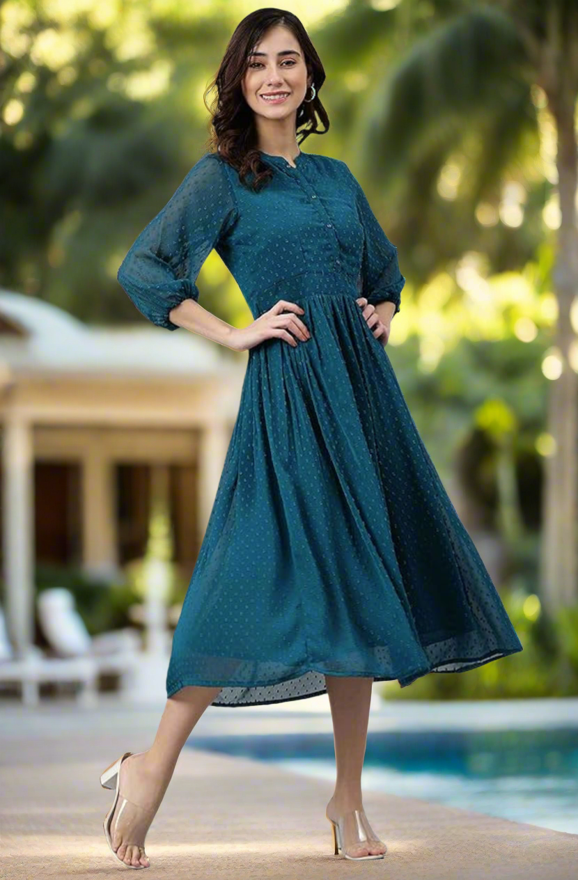 Women's Chiffon Teal Self Design Flared Dress