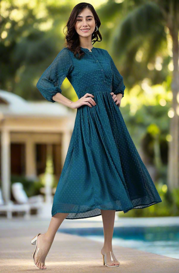 Women's Chiffon Teal Self Design Flared Dress