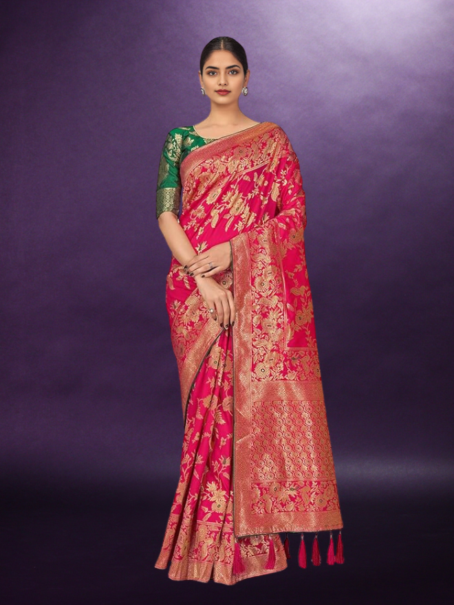 Women's Banarasi Silk Blend Woven Zari With Tussles Saree and Jacquard Woven Blouse Piece