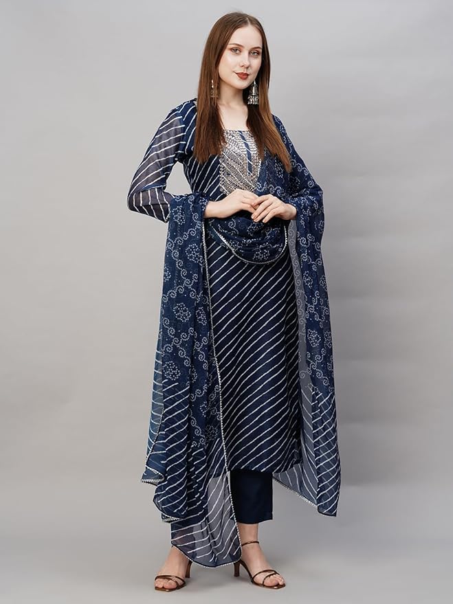 Women's Navy Blue Cotton Blend Straight Printed 3Pc Kurta Set