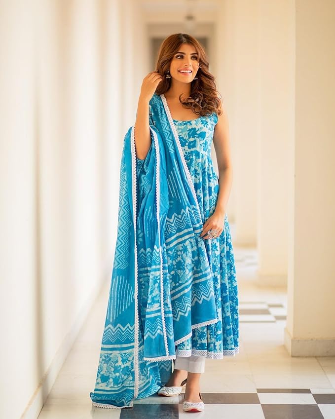Women's Rayon Blend Printed Anarkali 3Pc Kurta Set