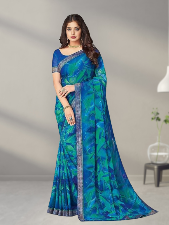 Women's Lace & Printed Chiffon Saree with Blouse