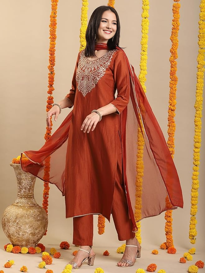 New Women's Rayon Viscose Embroidered Straight 3Pc Kurta Set