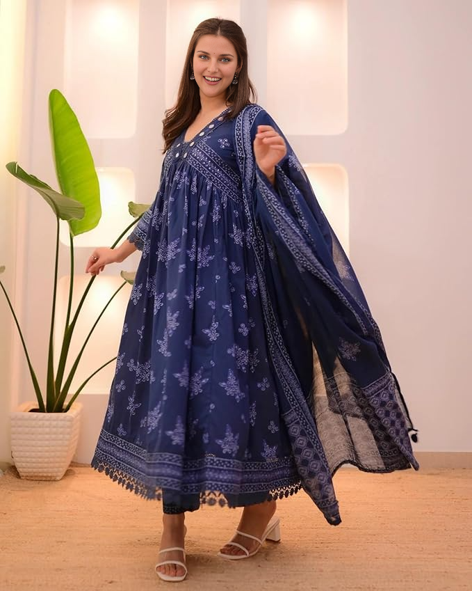 New Women's Women Blue Printed Anarkali 3Pc Kurta Set