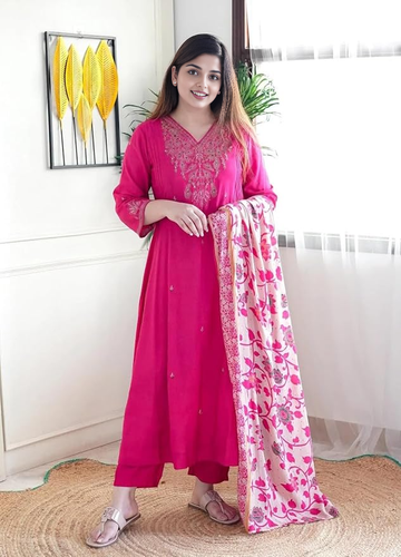 New Women's Straight Pink Embroidery 3Pc Kurta Set