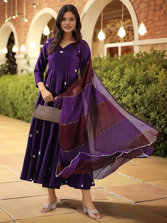 New Women's Rayon Viscose Anarkali Embroidered Purple 3Pc Kurta Set