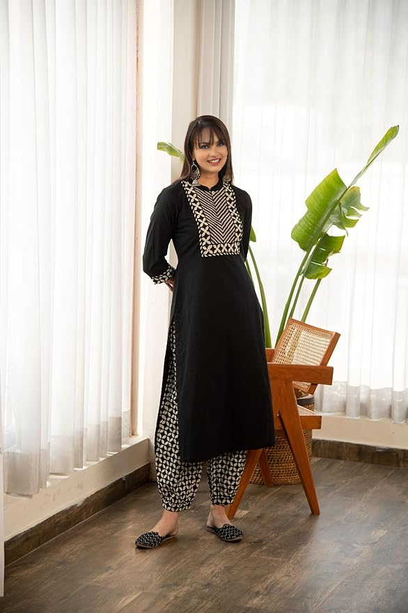 New Women's Office Look 3/4 Sleeve Solid Black Color Kurti With Pant Set