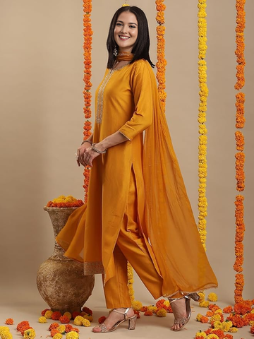 New Women's Silk Blend Straight Embroidered 3Pc Kurta Set