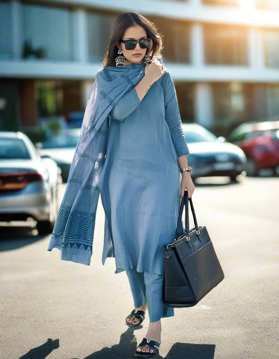 New Women's Rayon Blend Solid Straight Blue 3Pc Kurta Set
