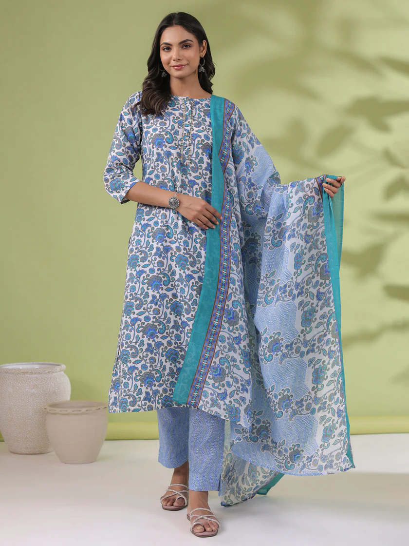 Cotton White Floral Regular 3Pc Kurta Set