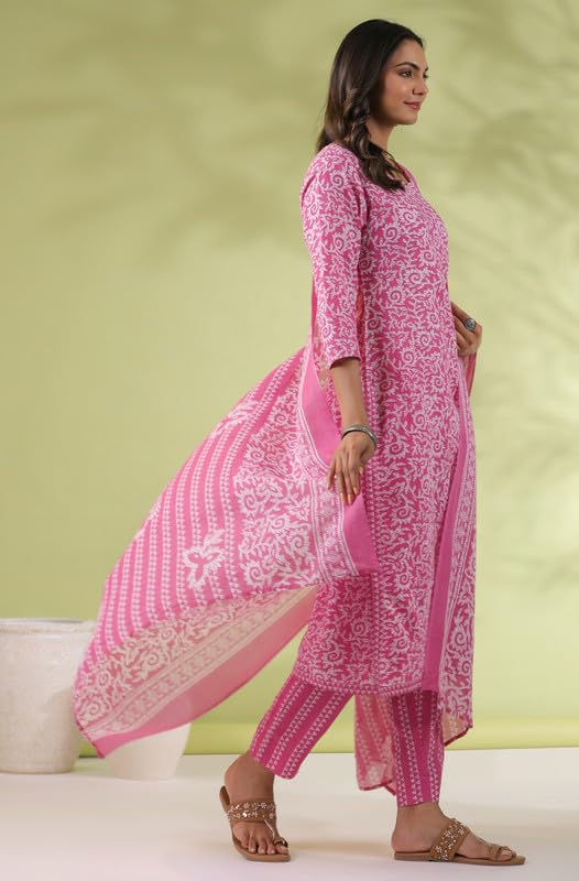 Women's Cotton Pink Batik Printed Regular 3Pc Kurta Set