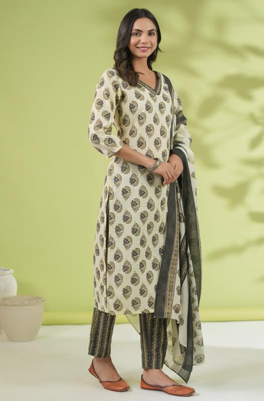 Women's Cream Cotton Green Batik Printed Straight 3Pc Kurta Set