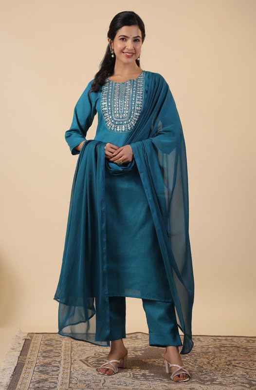 Women's Cotton Teal Yoke Embroidery Regular 3Pc Kurta Set