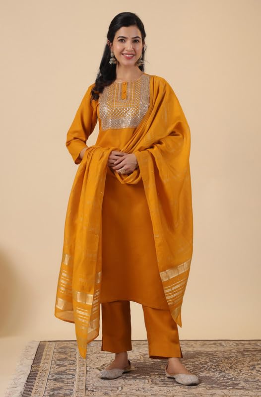 Women's Cotton Mustard Yoke Embroidery Straight 3Pc Kurta Set