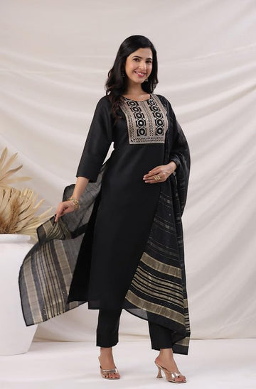 Women's Black Cotton Blend Embroidered Straight 3Pc Kurta Set