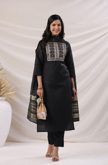 Premium Women's Cotton Black Embroidered Straight 3Pc Kurta Set