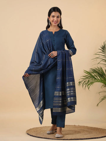 Cotton Teal Blue Solid Regular 3Pc Kurta Set