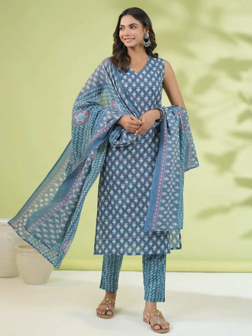 Blue Cotton Blend Floral Regular 3Pc Kurta Set