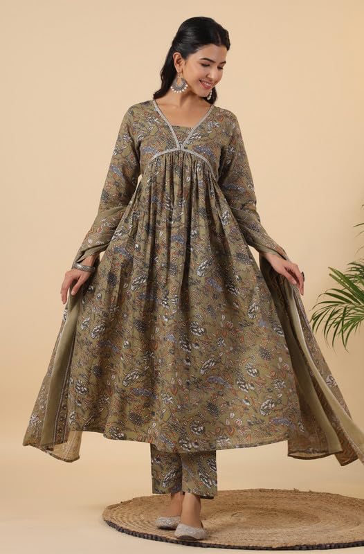 Women's Olive Cotton Blend Floral Gathered 3Pc Kurta Set