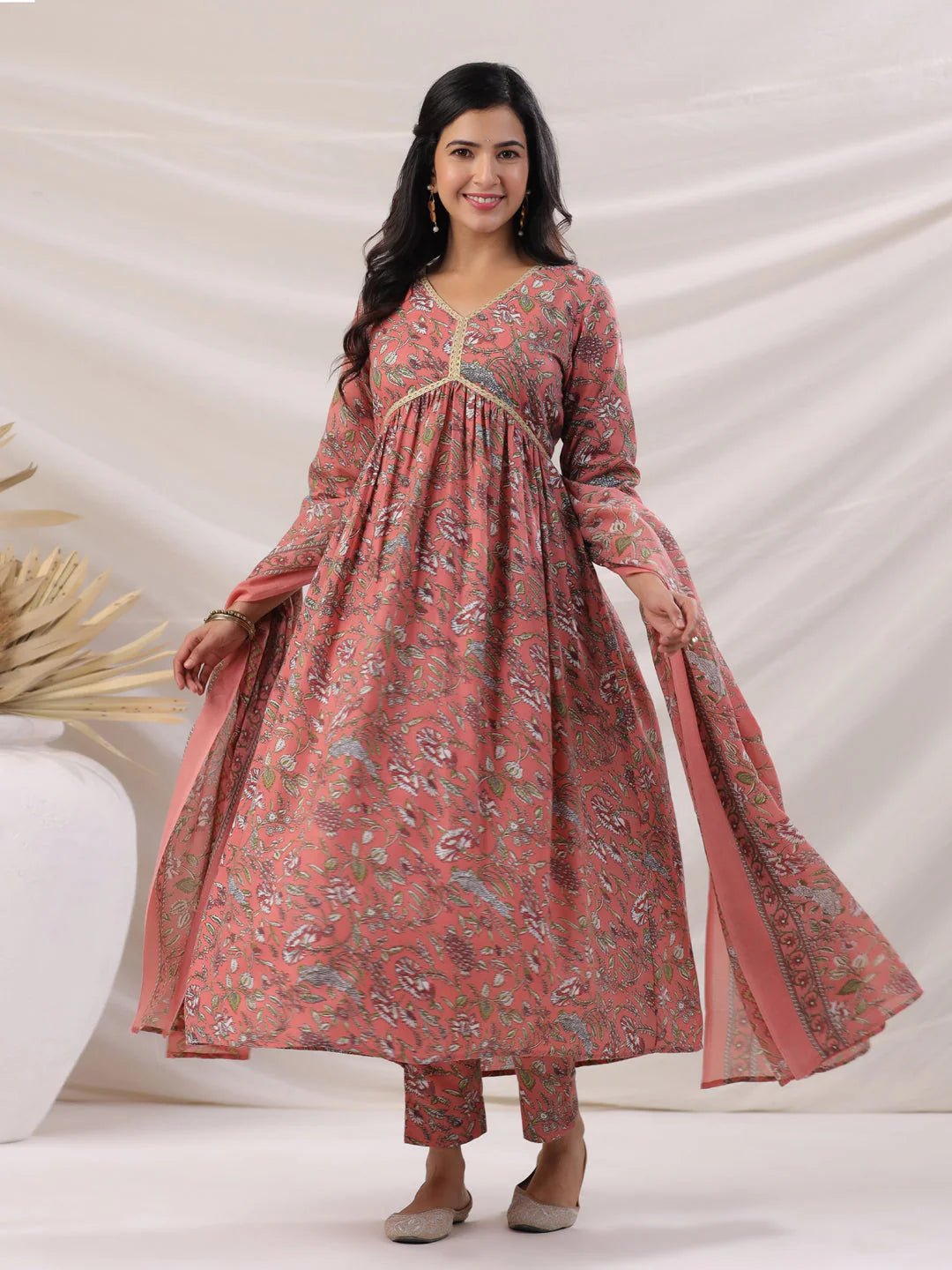 Cotton Peach Floral Pleated 3Pc Kurta Set