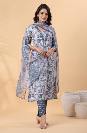 Women's Grey Viscose Blend Ethnic Motifs Straight 3Pc Kurta Set