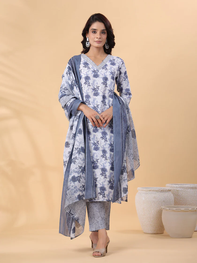 Cotton White Floral Regular 3Pc Kurta Set