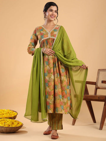 Multicolor Chanderi Blend Floral Gathered 3Pc Kurta Set