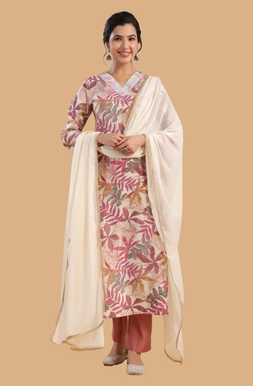 Floral Peach Chanderi Blend Ethnic Motifs Gathered 3Pc Kurta Set