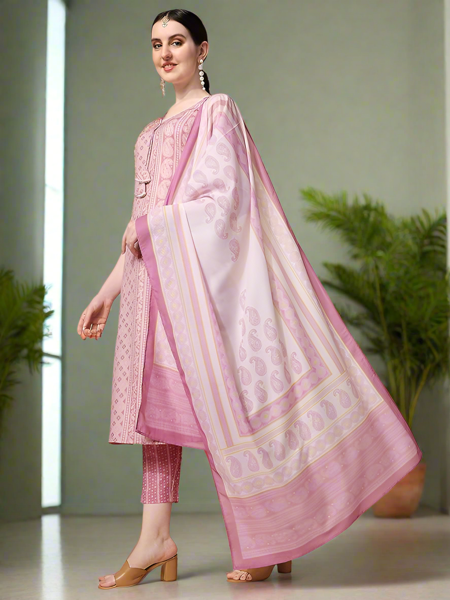 Women's Cotton Blend Pink 3Pc Kurta Set