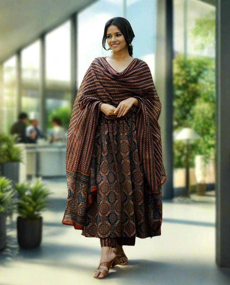 New Women's Viscose Printed Flared A-Line 3Pc Kurta Set
