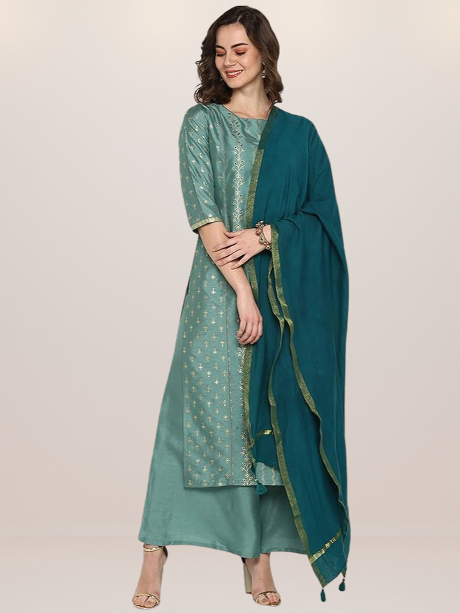 Premium Women's Silk Green Golden 3Pc Kurta Set