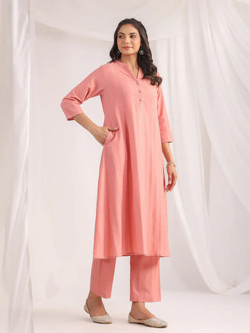 Pink Cotton Jacquard Self Design A-Line Co-Ord Set