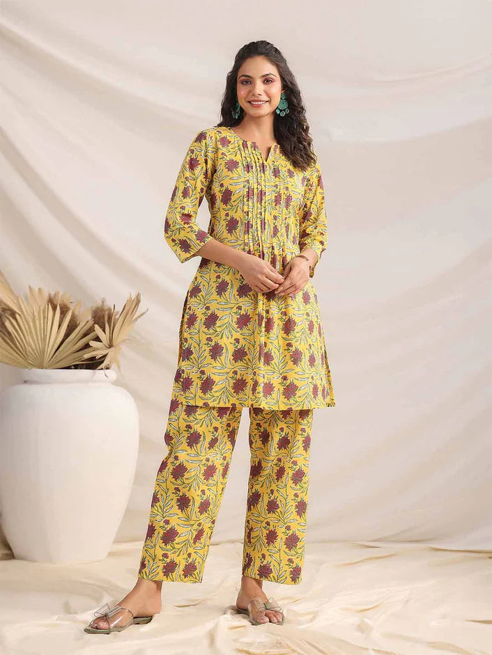 Women's Yellow Cotton Floral Pleated Co-ord Set