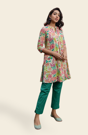 Multicolour Cotton Floral A-Line Tunic (Without Pant)