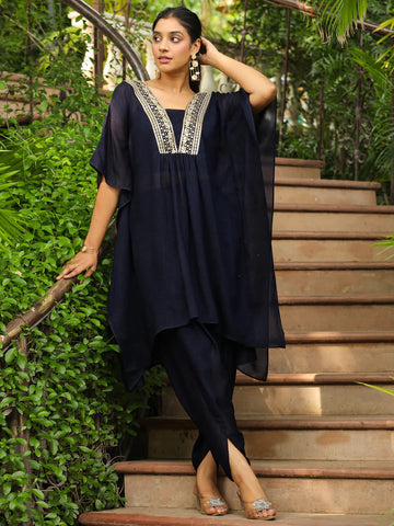 Navy Blue Silk Yoke Embroidered Kaftan Co-Ord Set